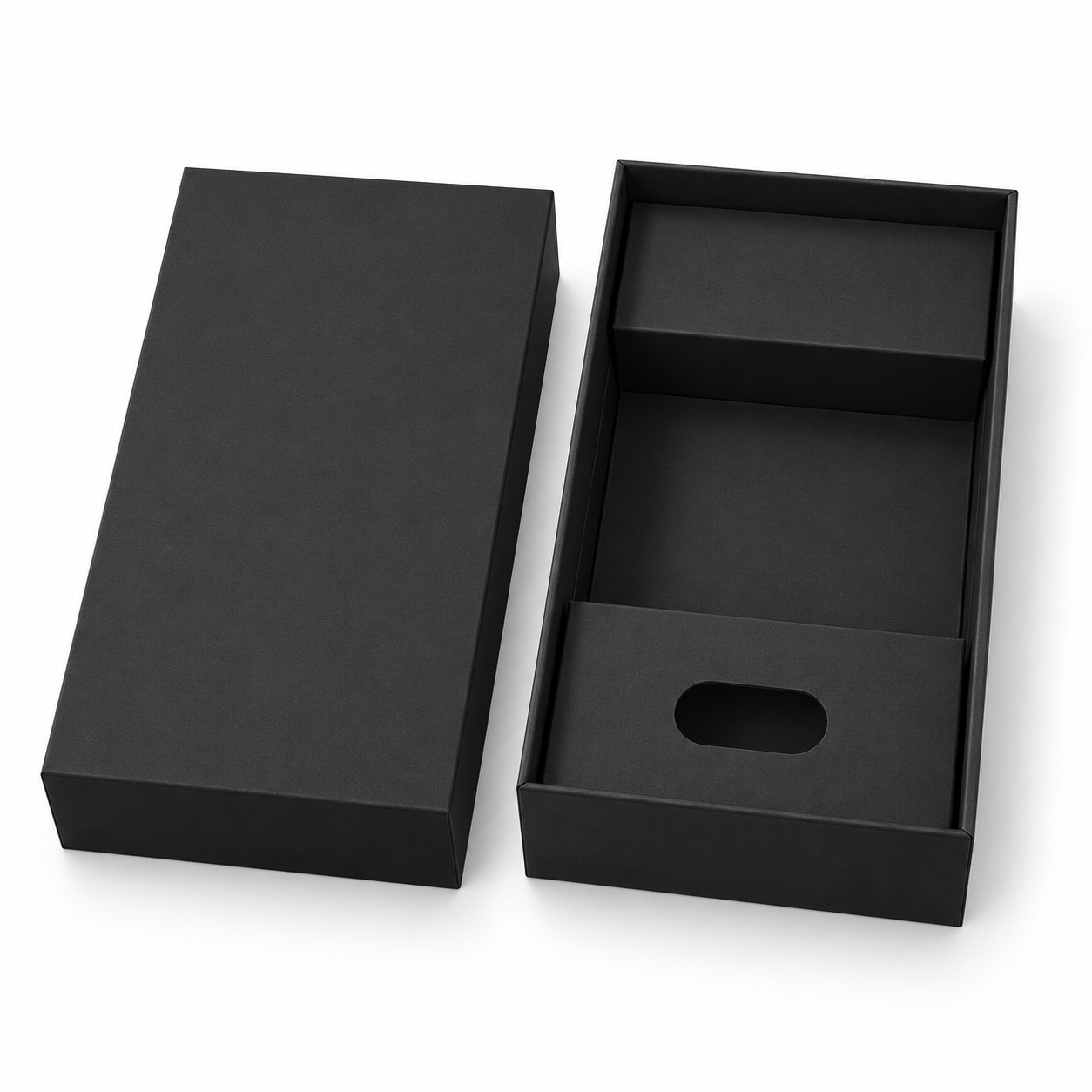 Open matte black smartphone box with paperboard insert and accessory compartment