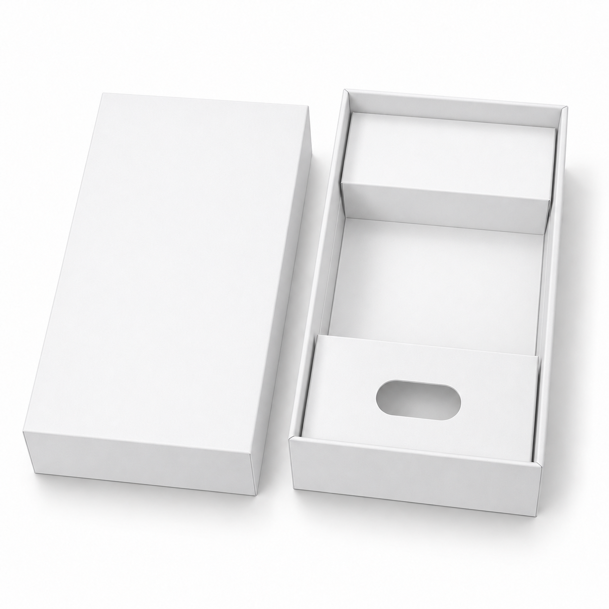 Open white smartphone box with paperboard insert by PAKELING